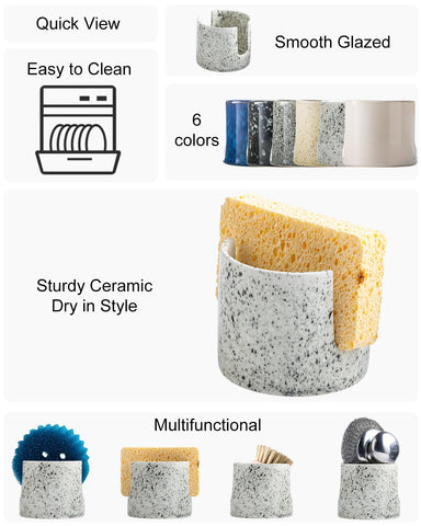 Zoeeker ceramic dish rack holds sponges and scrubbers for easy access.