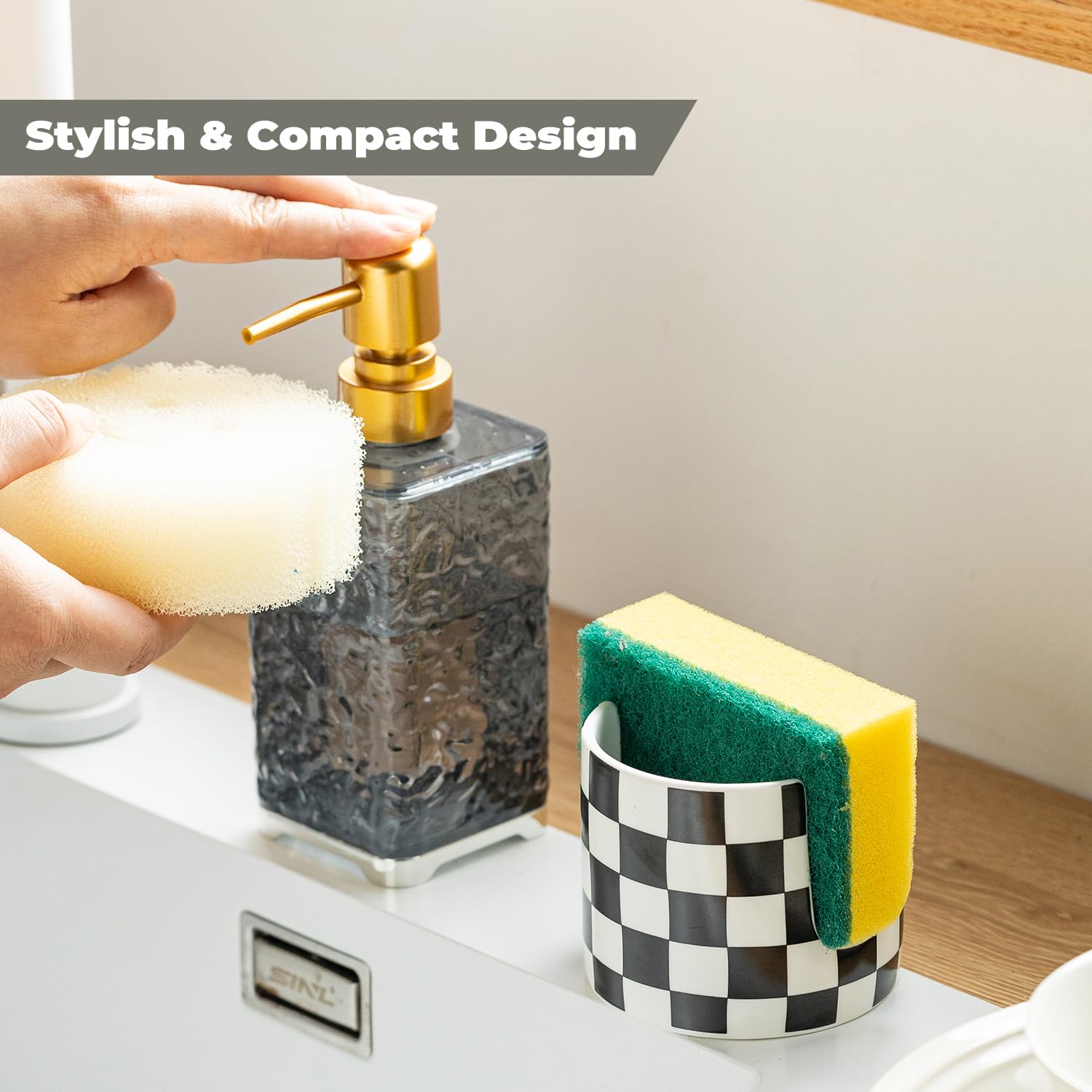 Zoeeker brush-dishcloth stand organizes tools while preserving a tidy kitchen aesthetic.