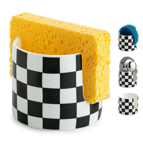 Zoeeker checkered sink sponge holder on countertop keeps sponges dry and organized.