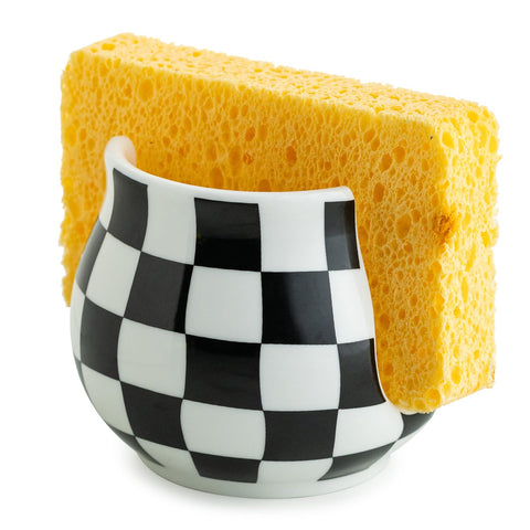 Zoeeker Checkered Sponge Holder: ceramic finish with a sleek, dry sponge ready for use