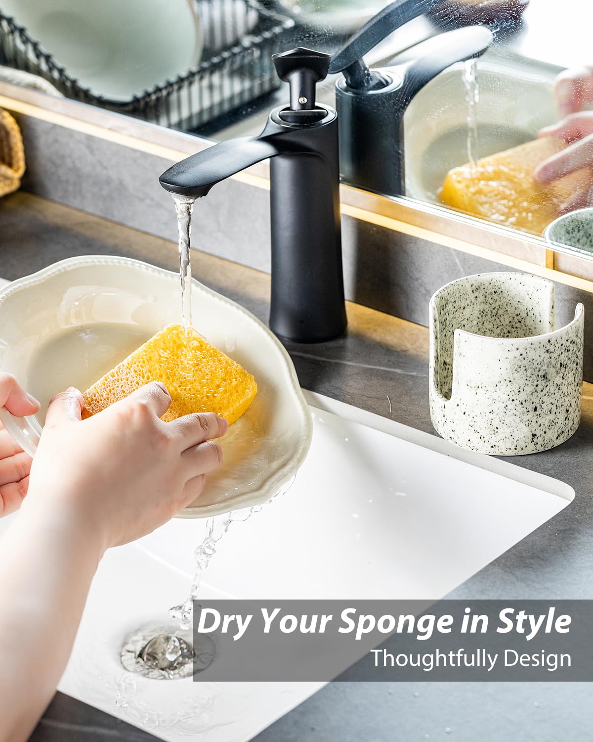 Zoeeker farmhouse kitchen decor blends style with practical sponge storage.