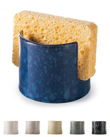 Zoeeker ceramic sponge holder in blue keeps the sink organized and stylish.