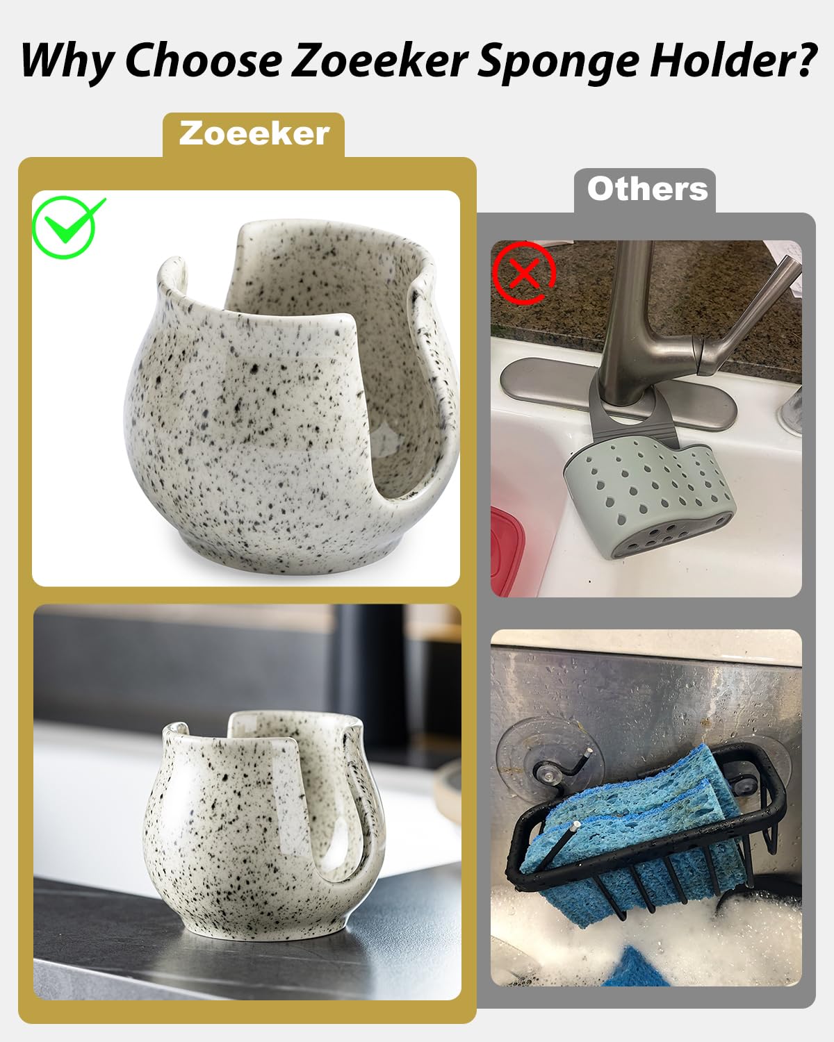 Zoeeker speckled glaze holder keeps sponges dry and accessible on the counter.