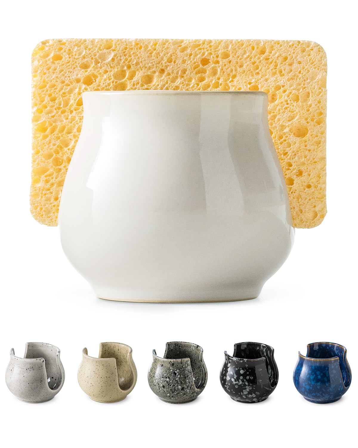 Zoeeker ceramic sponge holder on the sink countertop keeps sponges neatly organized.