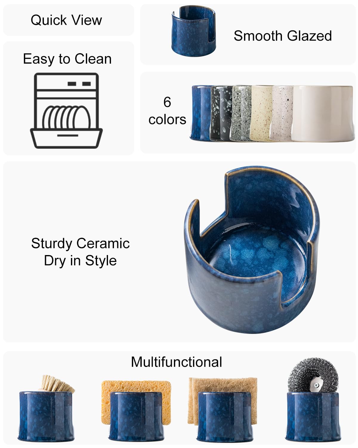 Zoeeker blue sponge holder on the counter provides easy access to sponges.