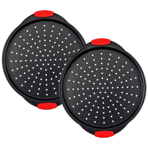 ZOEHROWS 13-inch pizza pan with holes for even heat and crispy crust.
