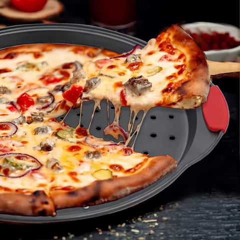 ZOEHROWS pizza pan with silicone handles stays cool during baking.
