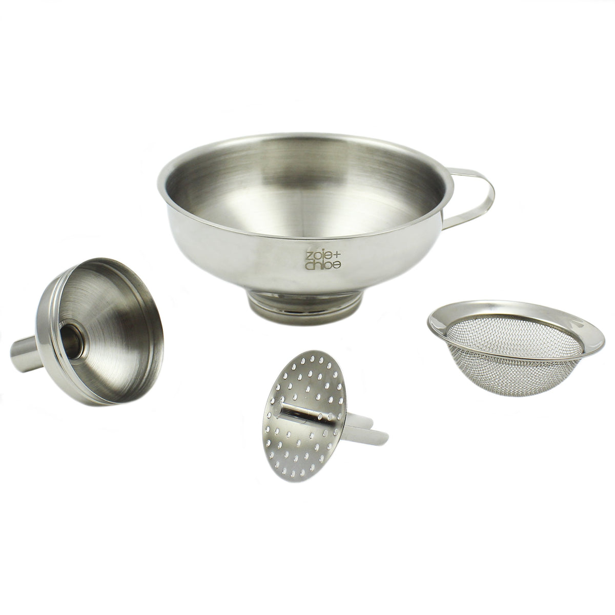 Zoie + Chloe 3-in-1 funnel set broad mouth pour enables mess-free sauce transfers.