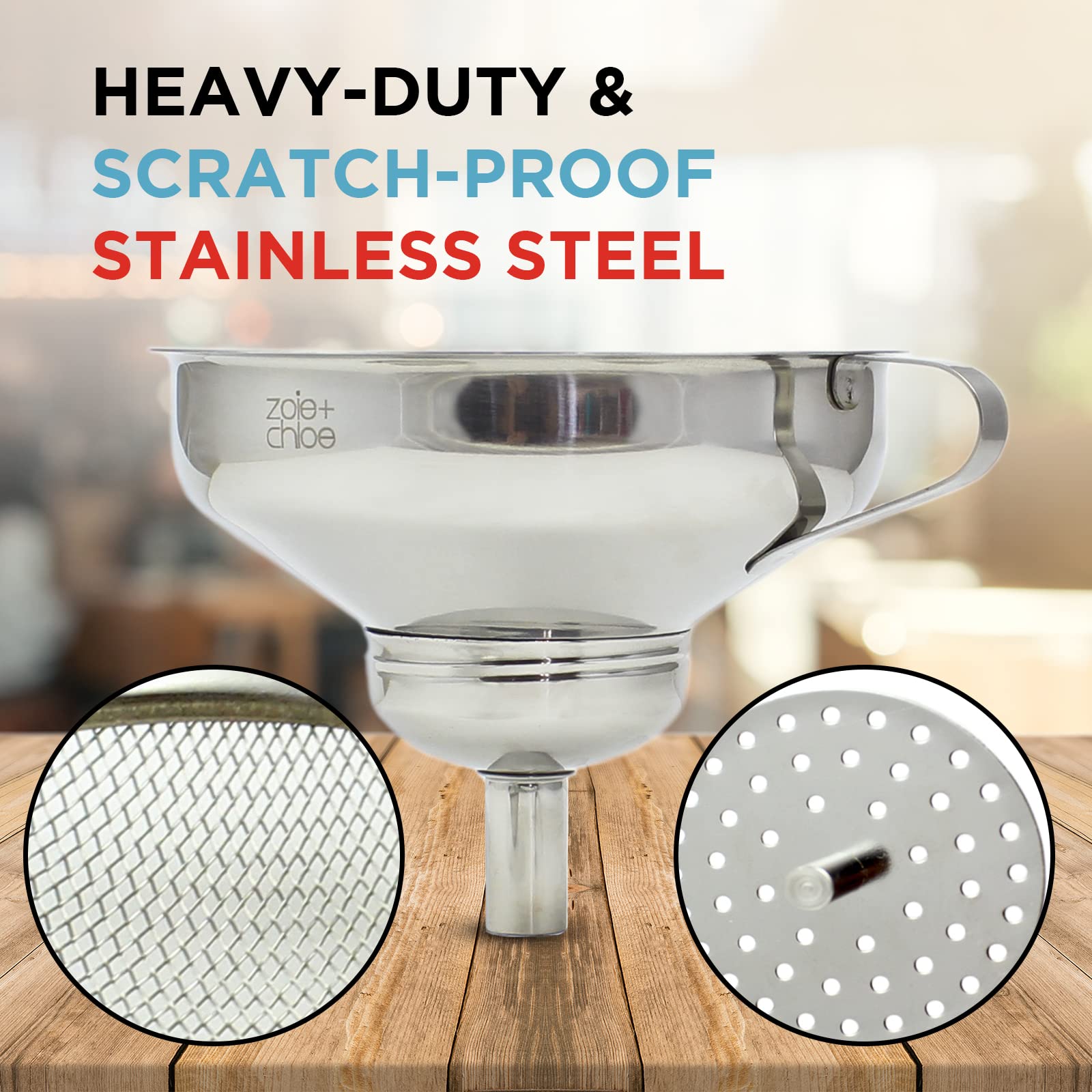 Zoie + Chloe 3-in-1 funnel set dishwasher-safe stainless steel for easy cleanup.