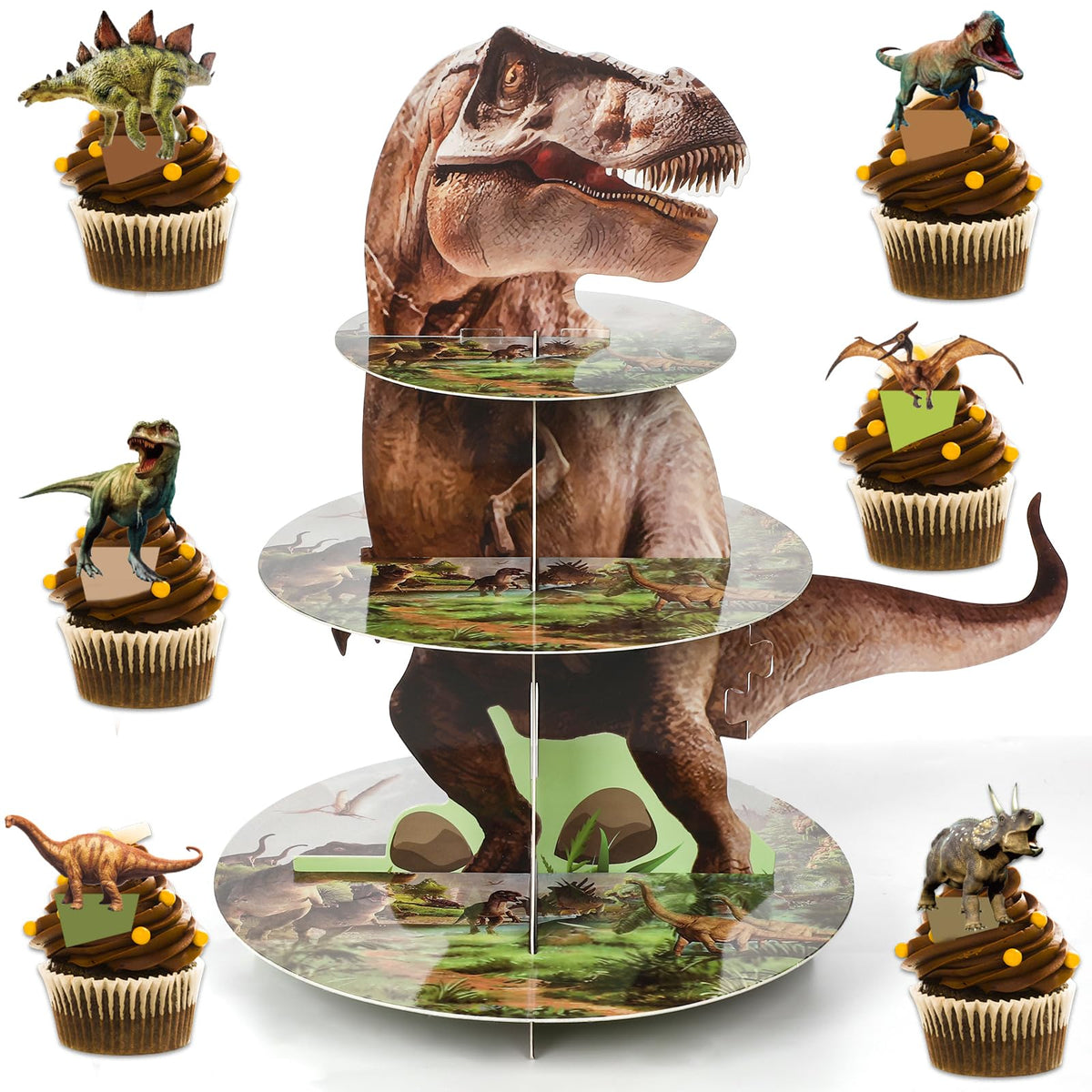 ZOIIWA dinosaur cupcake stand 3-tier displaying treats at a birthday party.