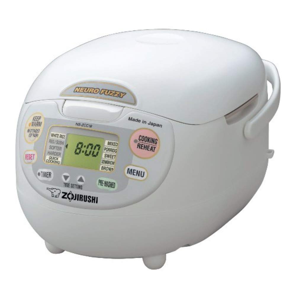 Zojirushi Neuro Fuzzy rice cooker front view illustrating consistent texture options for white and brown rice