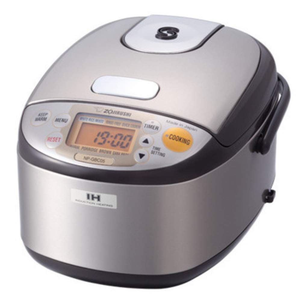 Zojirushi NP-GBC05XT front view with lid, sleek stainless steel finish.
