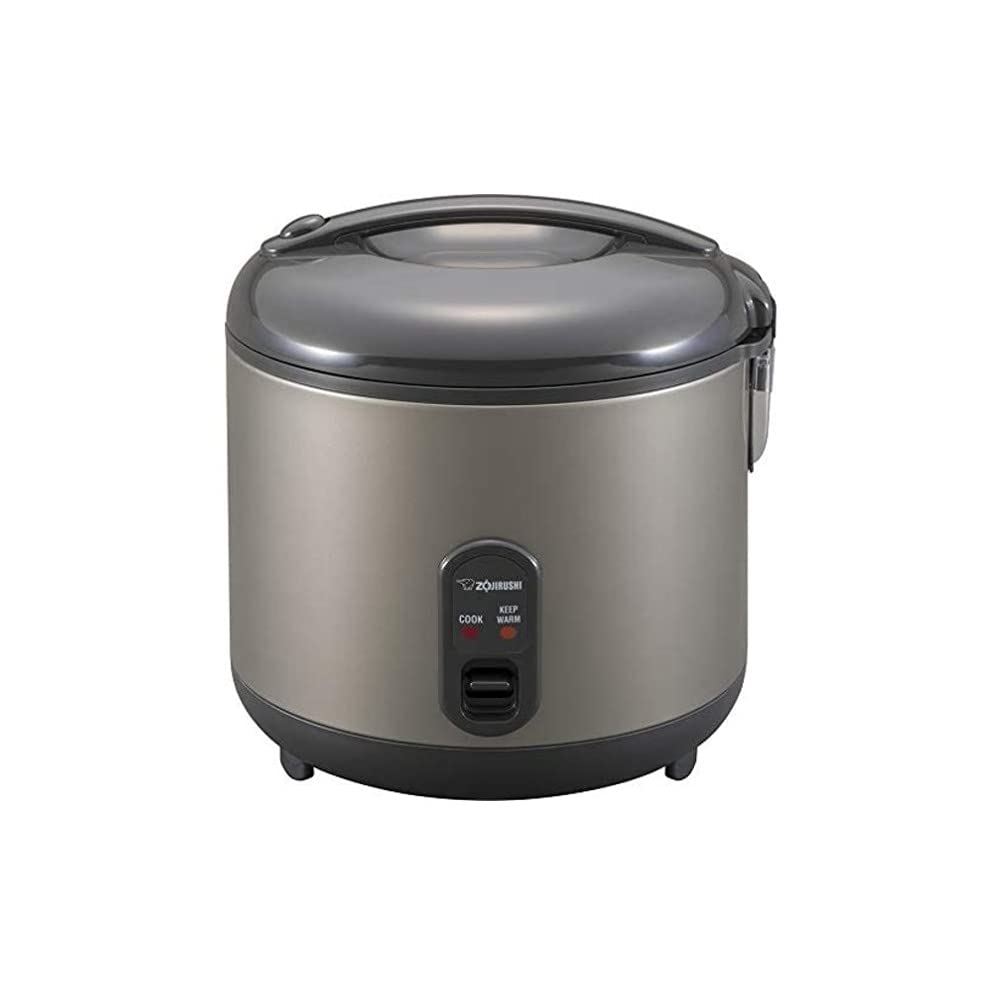 Zojirushi rice cooker metallic gray front view, compact design for small kitchens