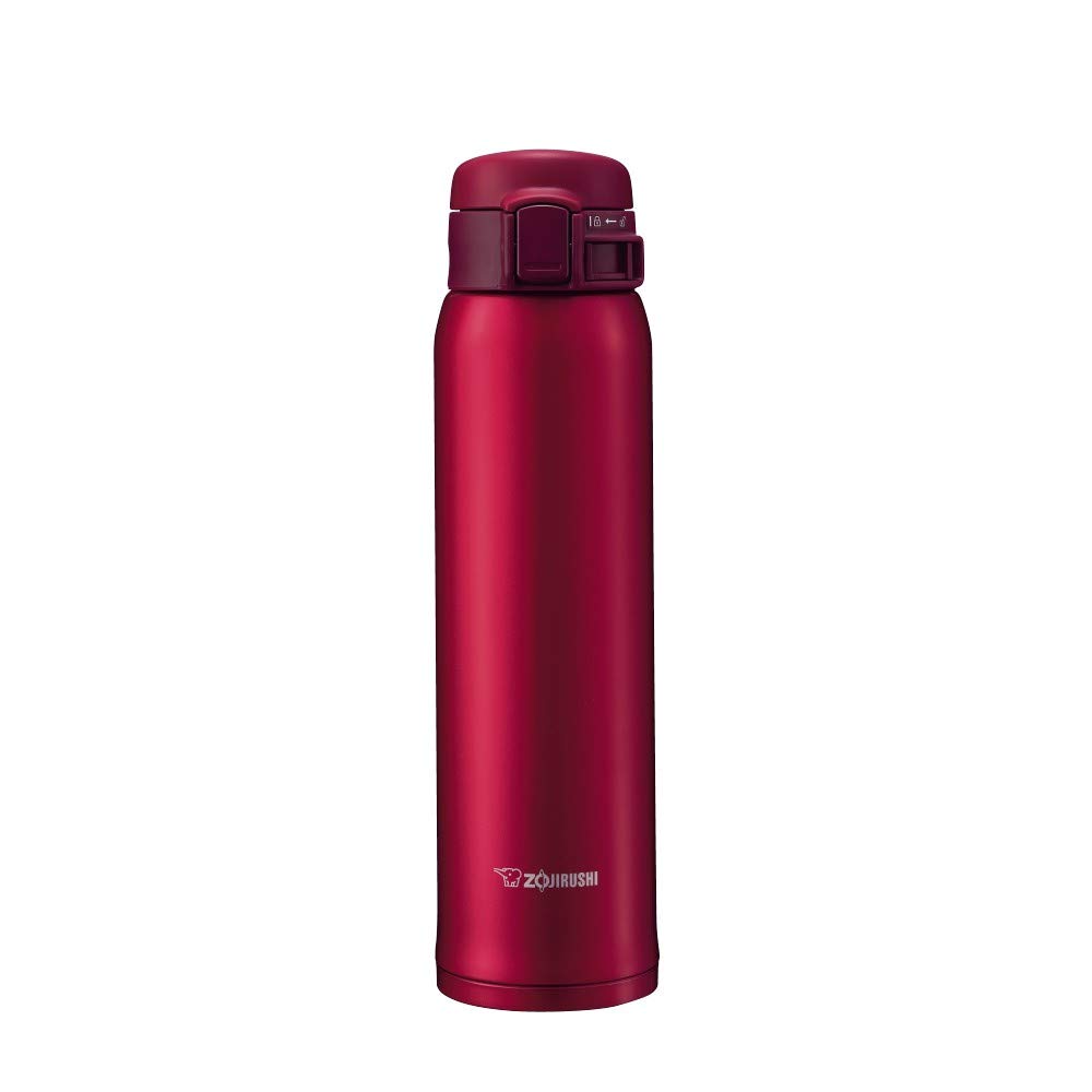 Zojirushi Garnet Red stainless mug front view showcasing compact carry design.