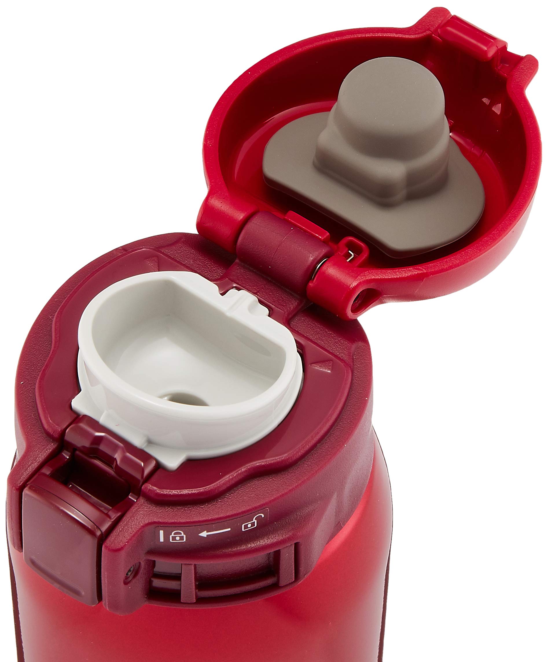 Zojirushi Garnet Red mug with lid open for easy pouring.