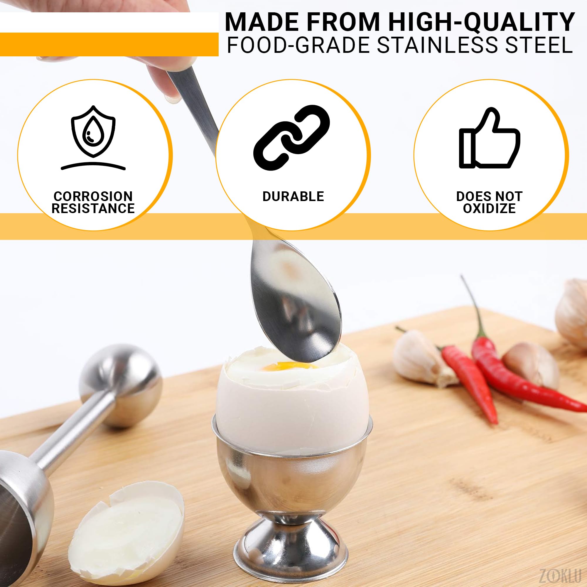 ZOKLU stainless steel egg spoons in action for precise cracking.