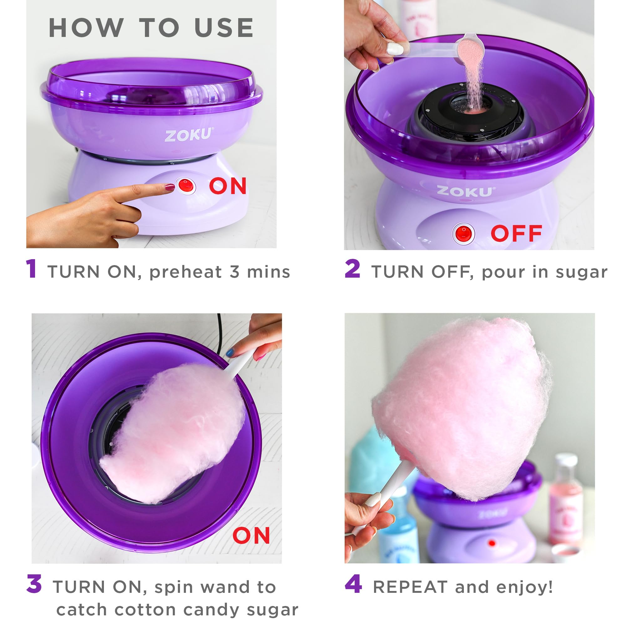ZOKU Cotton Candy Machine on/off switch image emphasizes quick heat control.