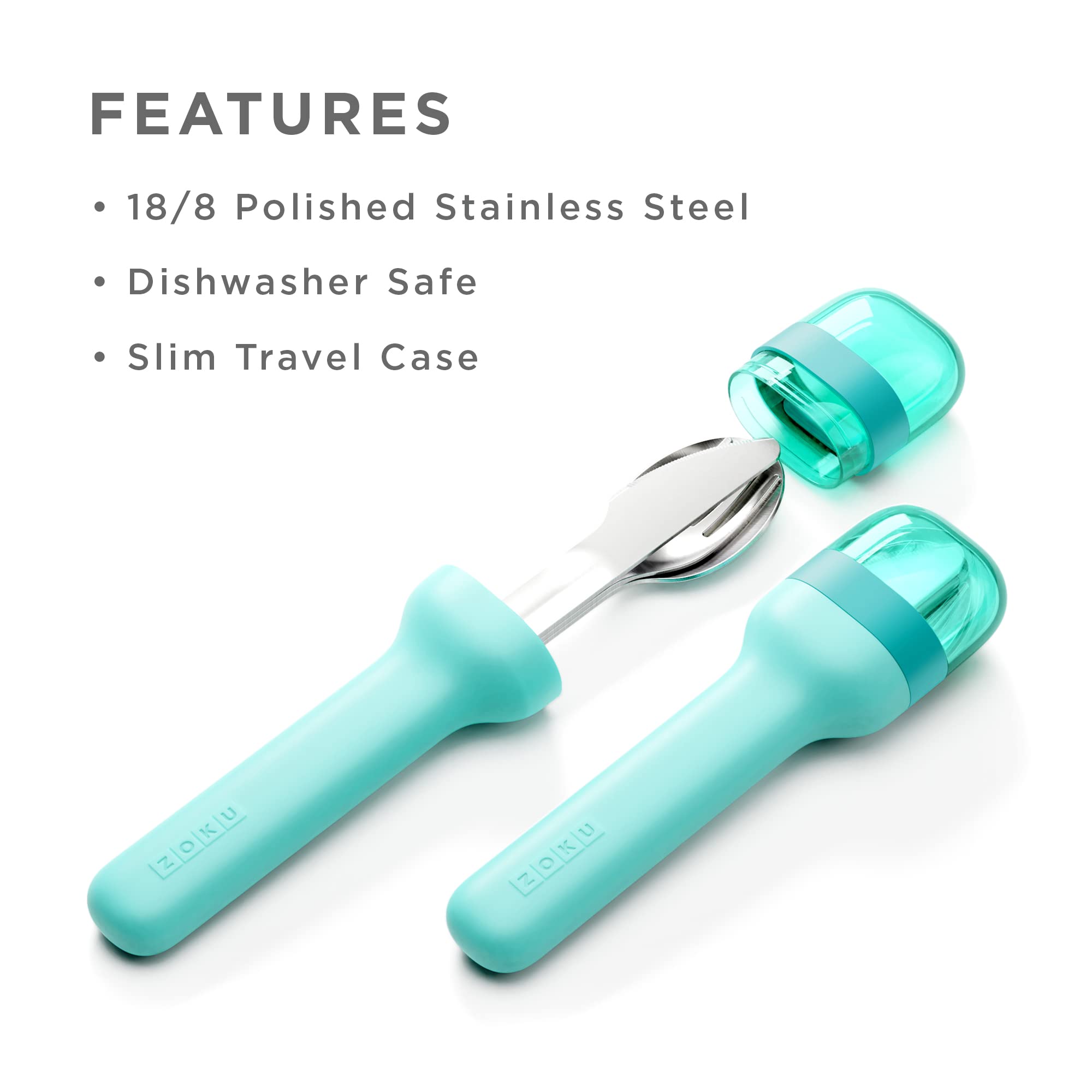 ZOKU teal utensils with knife, fork, and spoon neatly stacked for on-the-go dining.