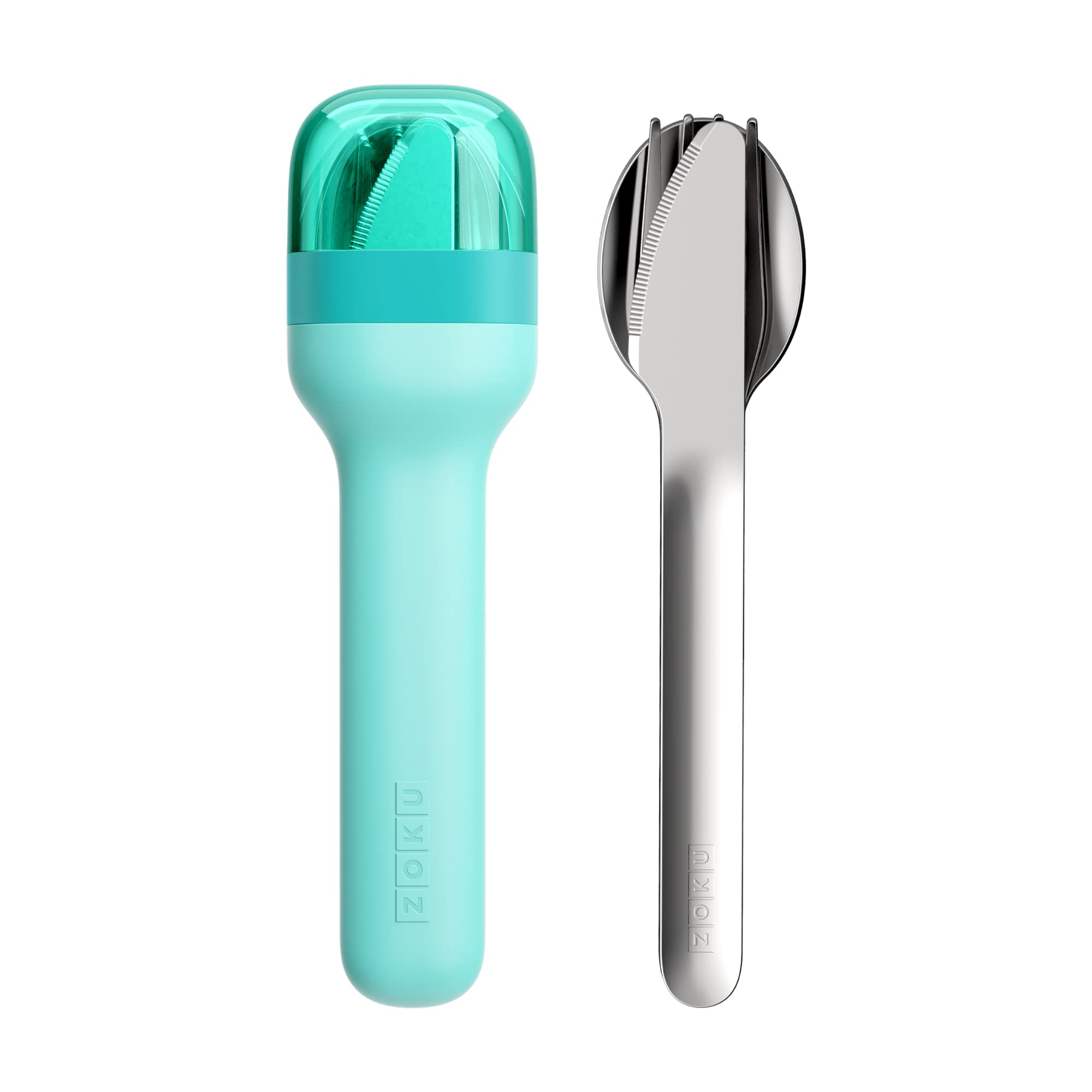 ZOKU Pocket Utensil Set in teal with nested case for travel-ready dining.