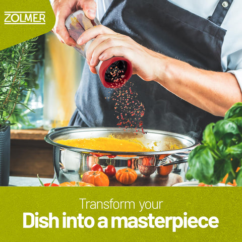 ZOLMER chili pepper grinder cutters closeup, highlights sharp stainless steel blades for consistent grinding
