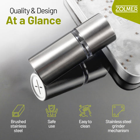 ZOLMER Nutmeg Grinder compact design fits kitchen shelves.