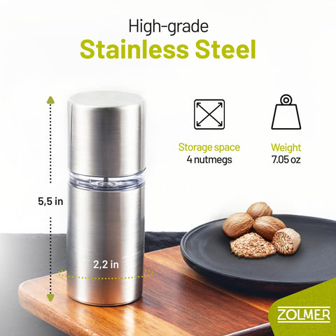 ZOLMER Nutmeg Grinder full capacity holds up to four whole nuts.