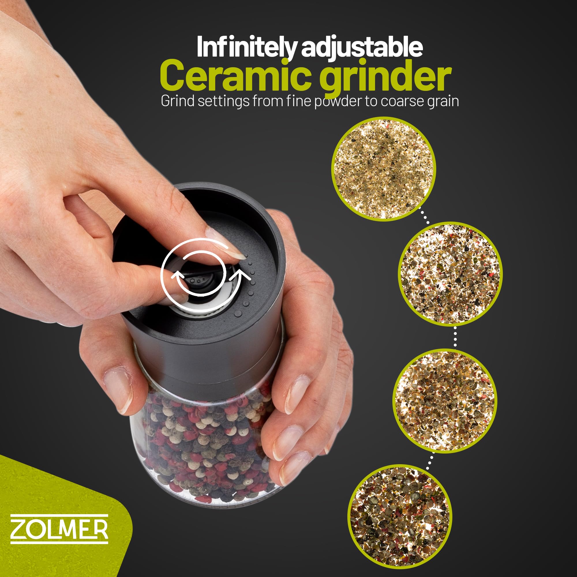 ZOLMER premium ceramic grinder detail focuses on adjustable mechanism for fine to coarse grind.