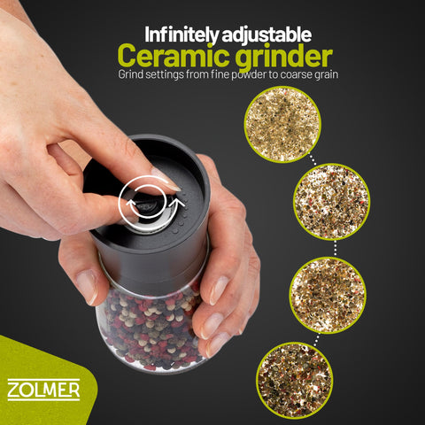 ZOLMER premium ceramic grinder detail focuses on adjustable mechanism for fine to coarse grind.