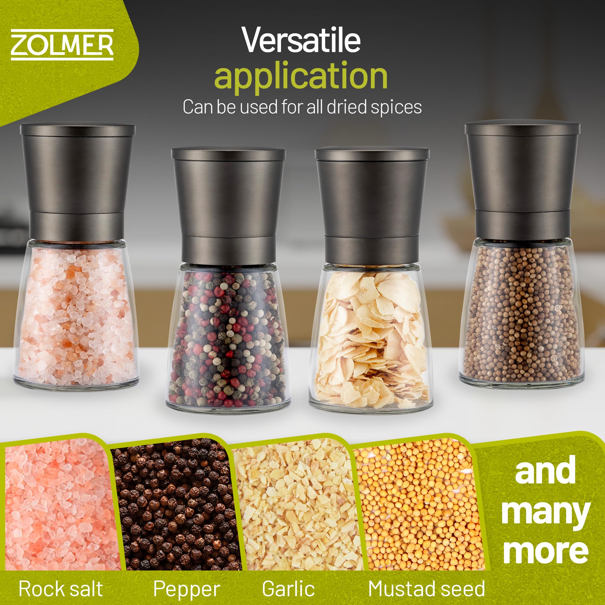 ZOLMER premium glass spice container close-up shows freshness-friendly design.