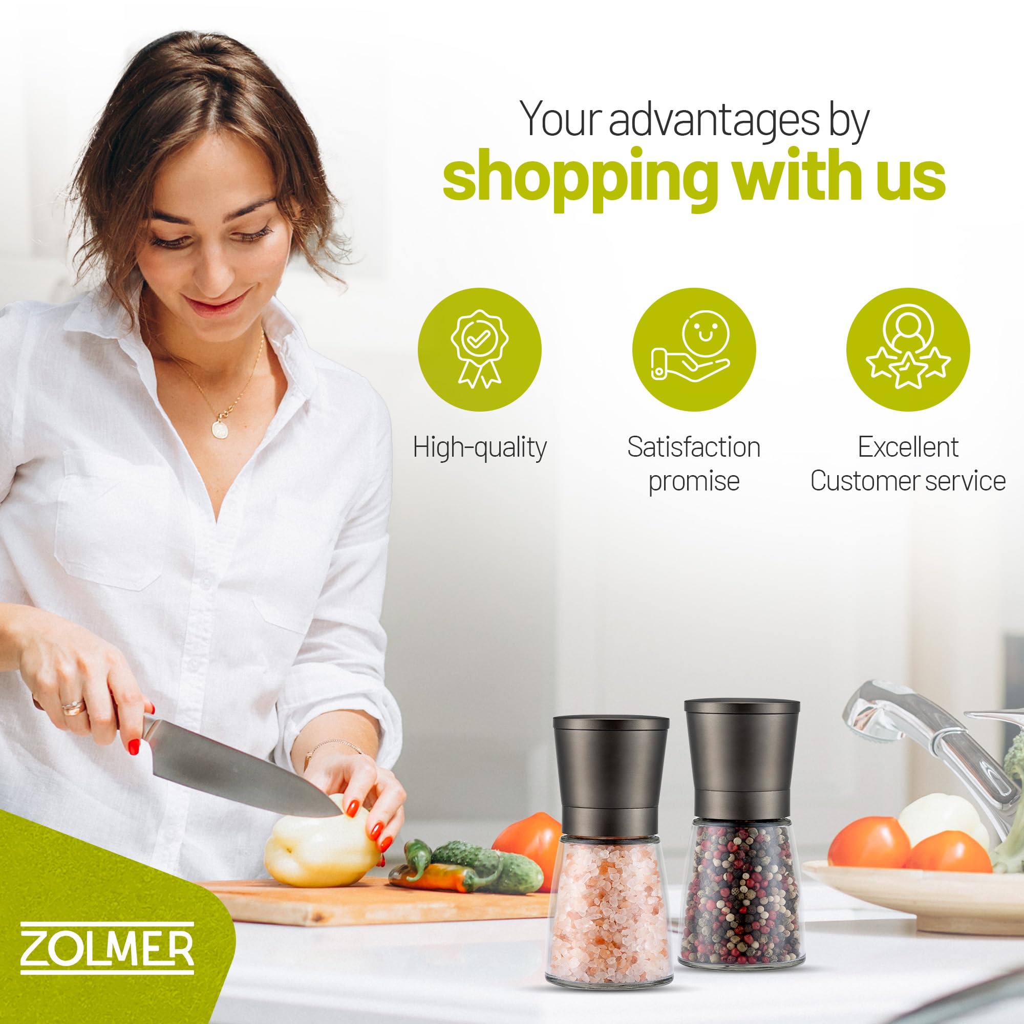 ZOLMER premium grinder in use demonstrating effortless manual grinding on pepper.
