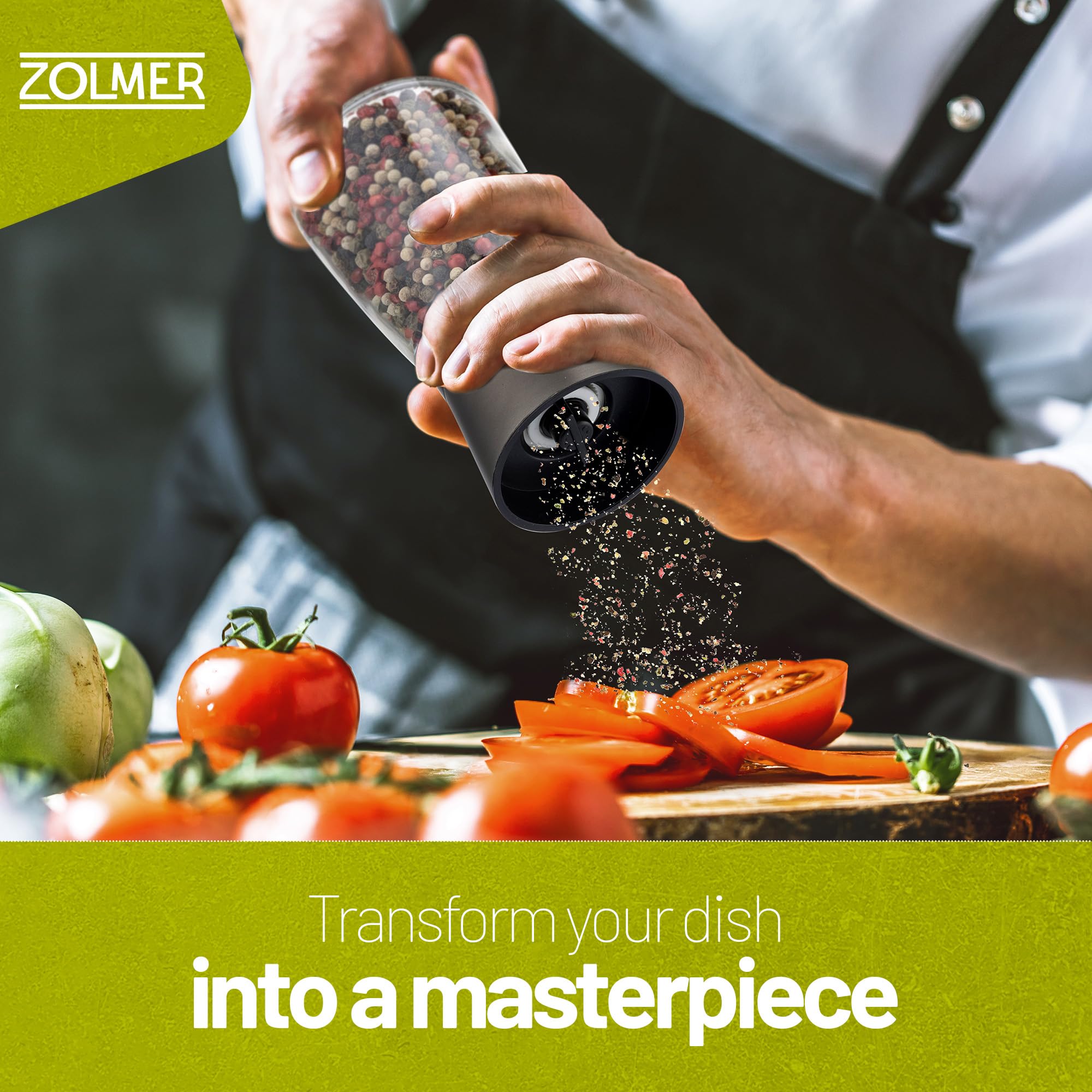 ZOLMER premium salt and pepper grinder set side view reveals the clear glass chamber for easy spice monitoring.
