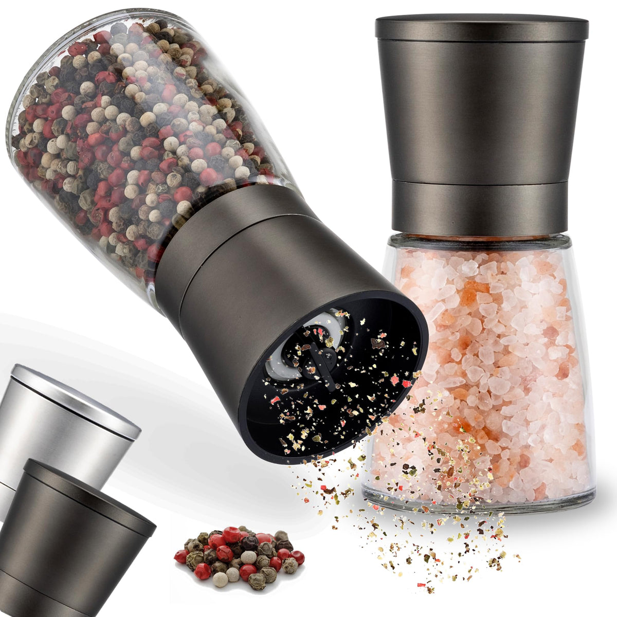 ZOLMER premium salt and pepper grinder set top view highlights sleek stainless steel body for precise seasoning.
