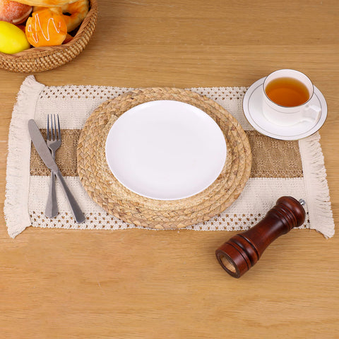 Zology handmade placemats tassels texture; artisanal decor for tables.