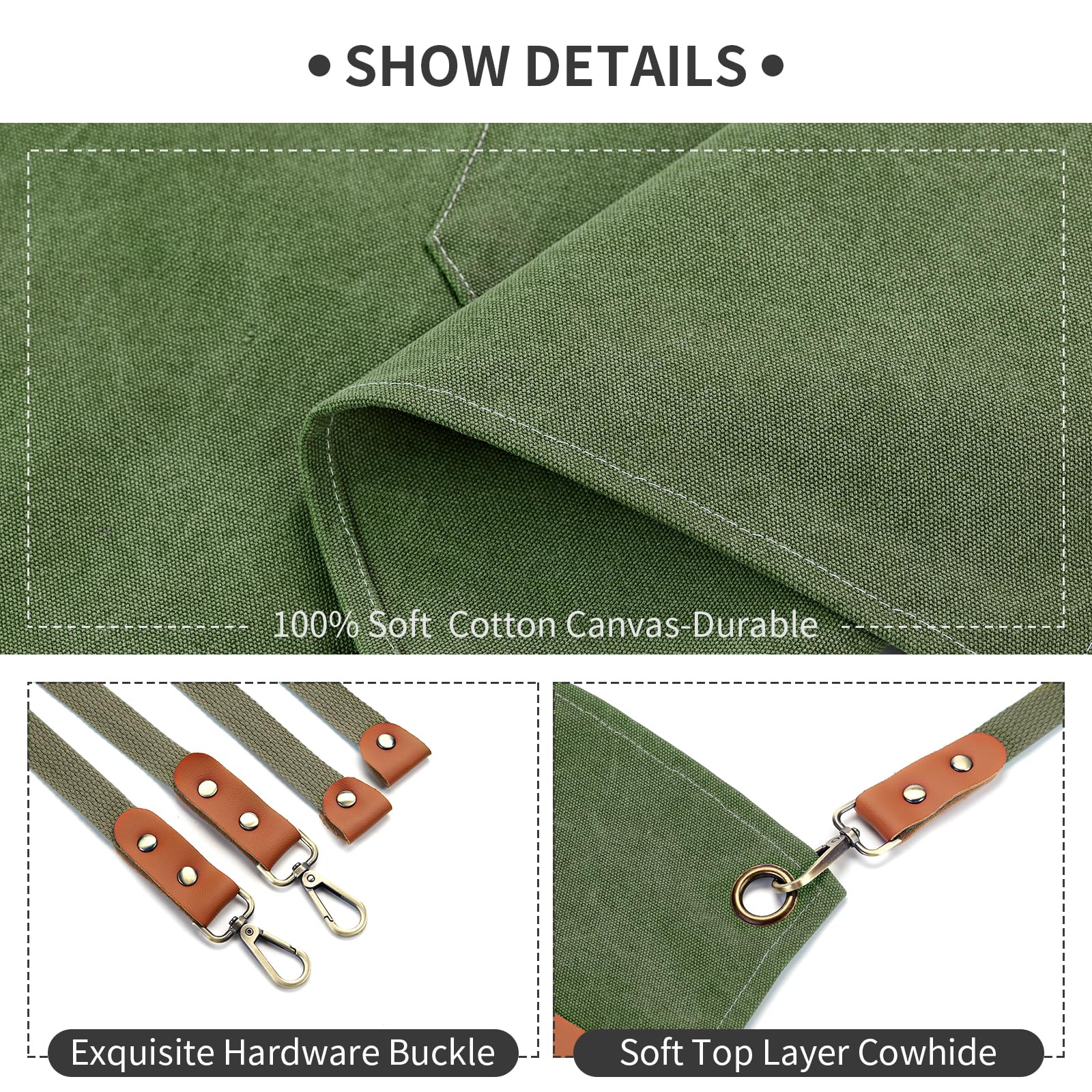 ZOMAO apron with 61-inch adjustable strap and quick-release buckle for flexible sizing.