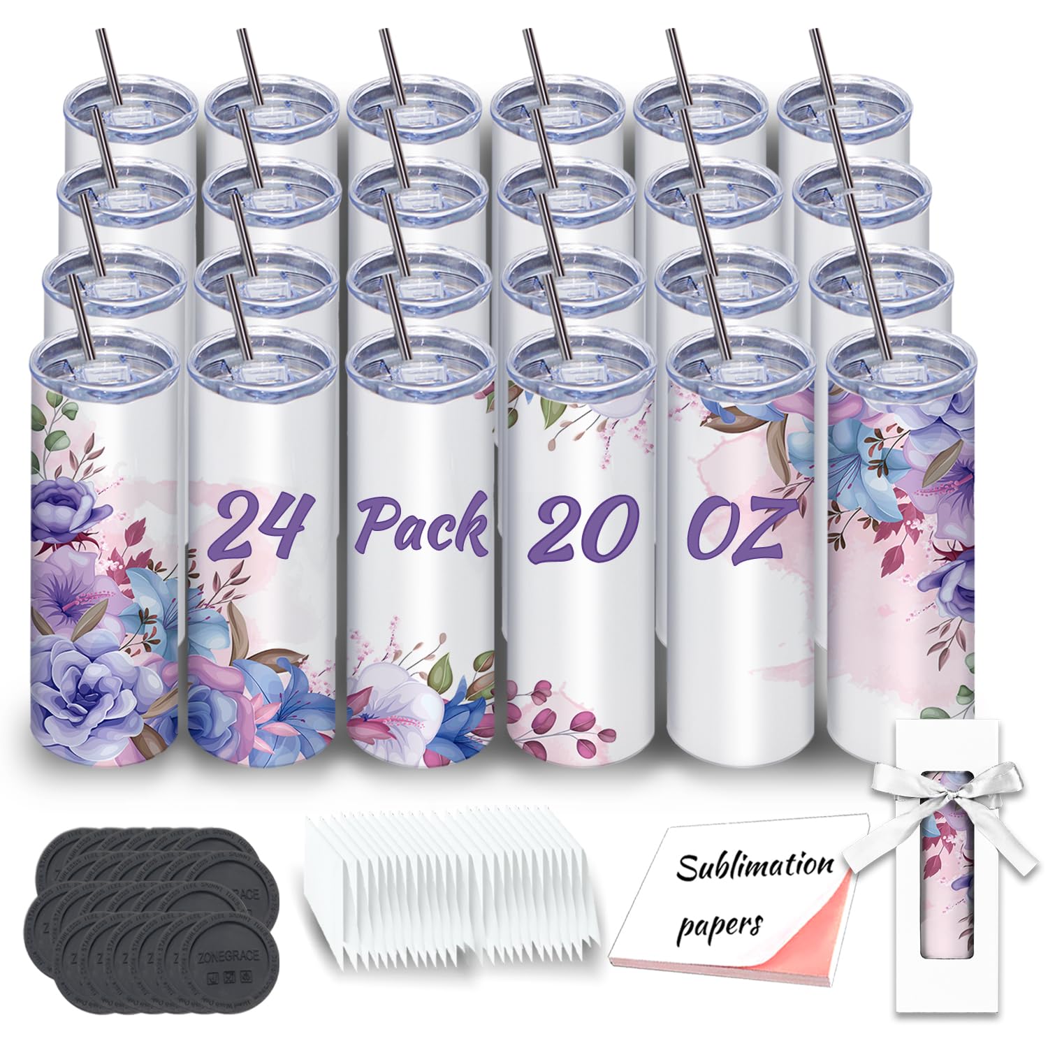 ZoneGrace 20oz sublimation tumbler front view showing straight design for personalized prints