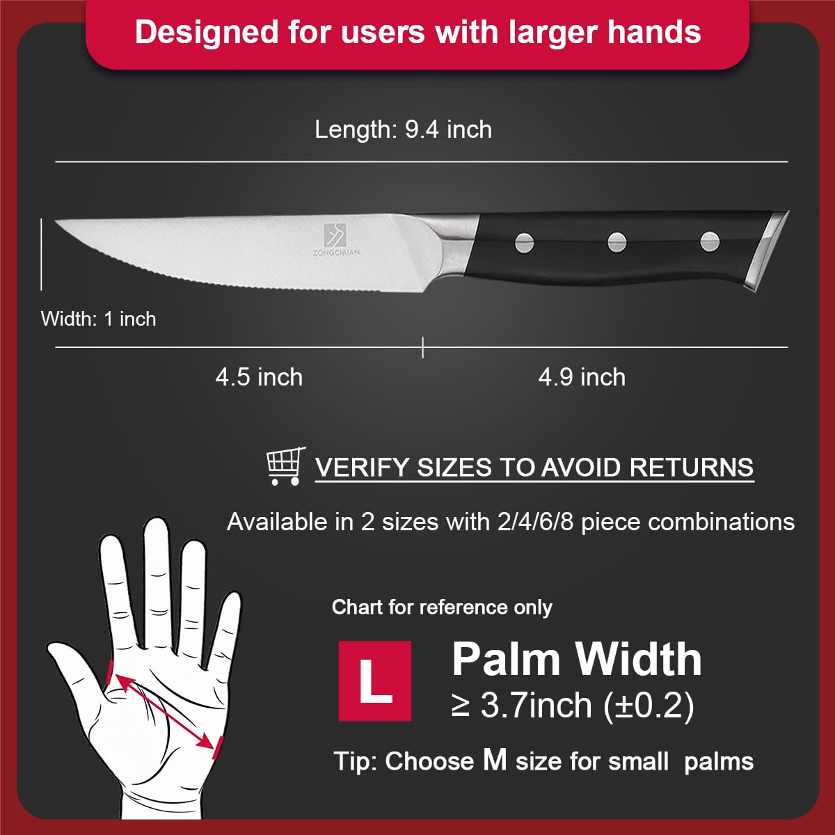Zongchuan steak knives right Glide Tech grooves reduce juice cling for neater plating