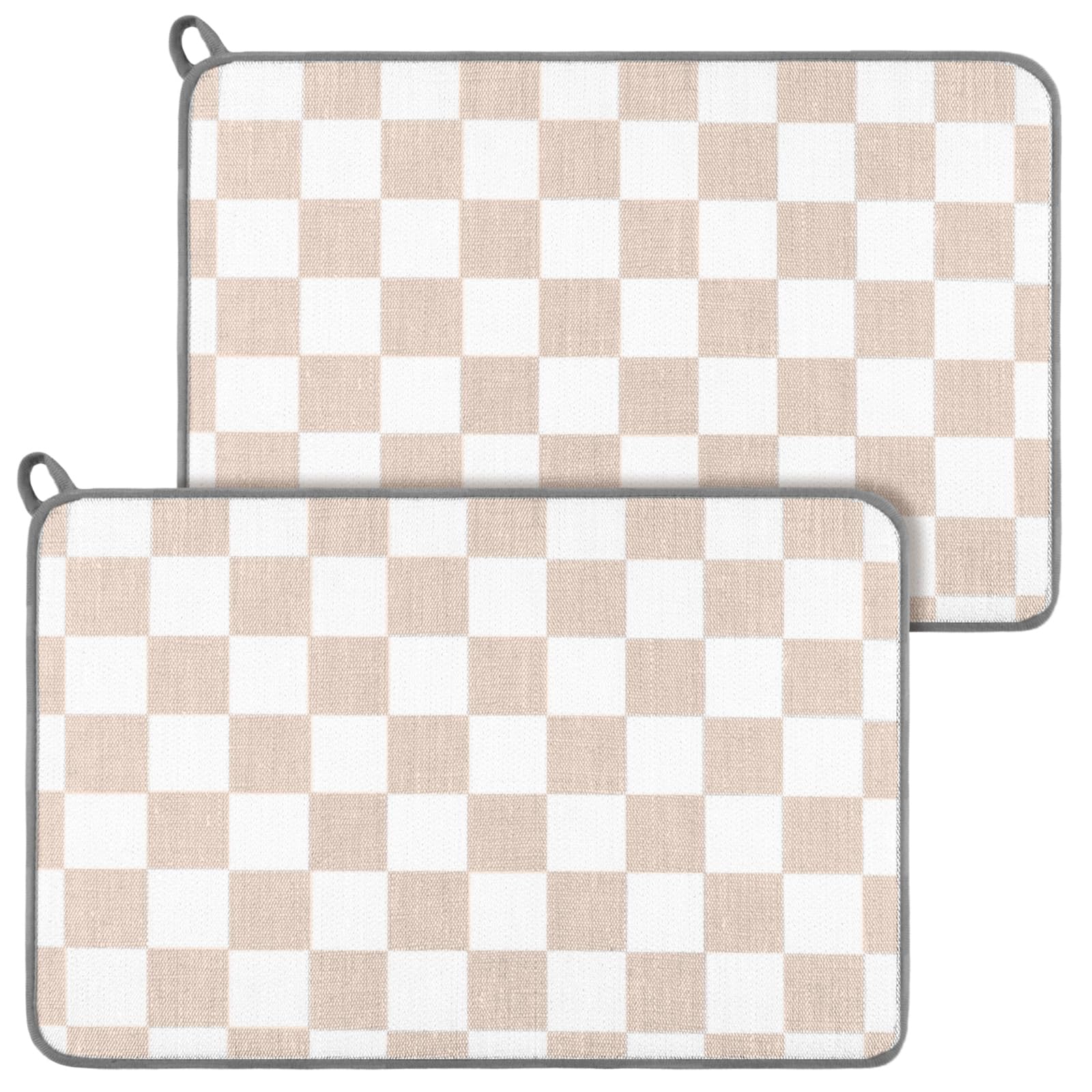Zonon beige checkered dish drying mat absorbs moisture to protect countertops.