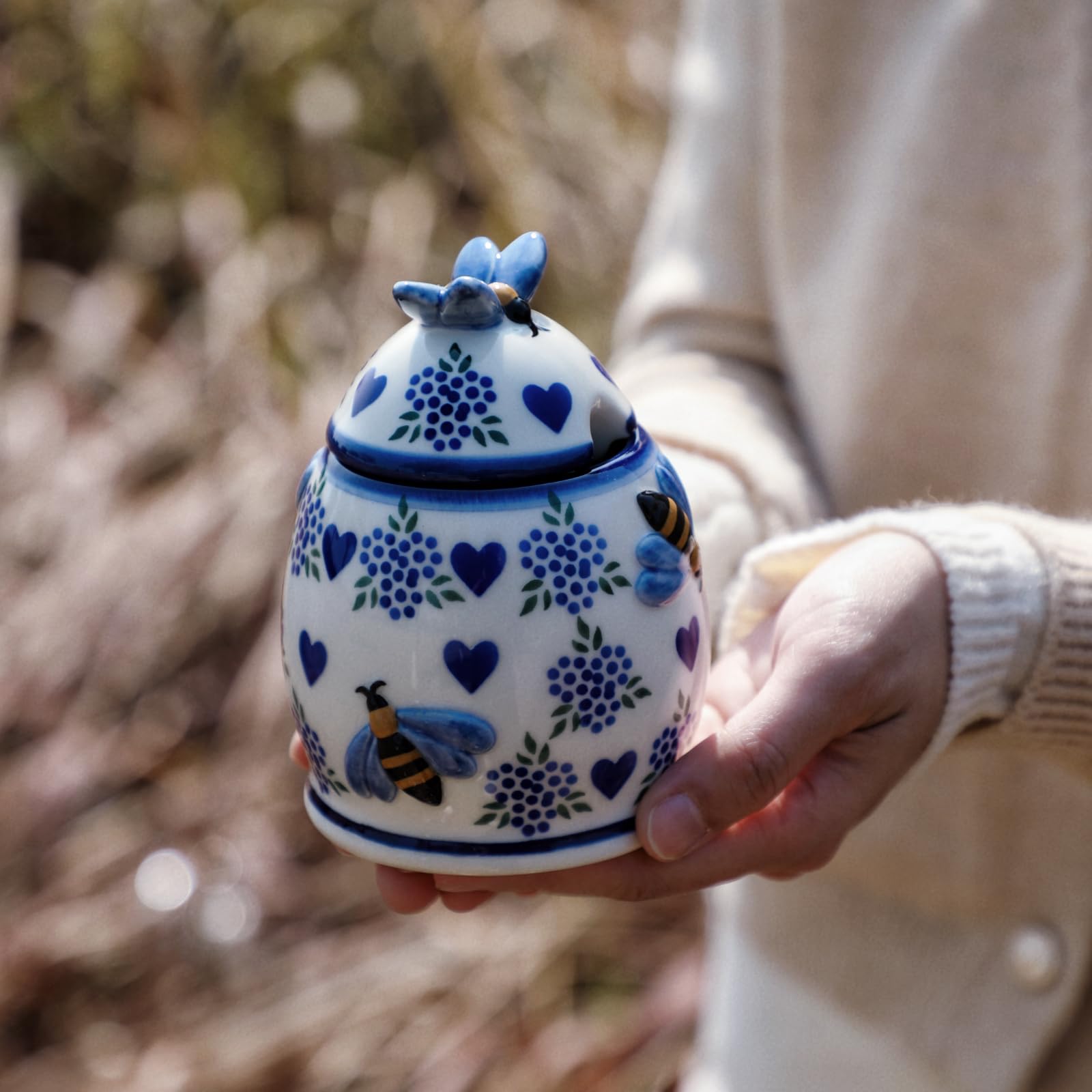 ZOOBEE hand-painted honey jar with bees enhances farmhouse table decor.