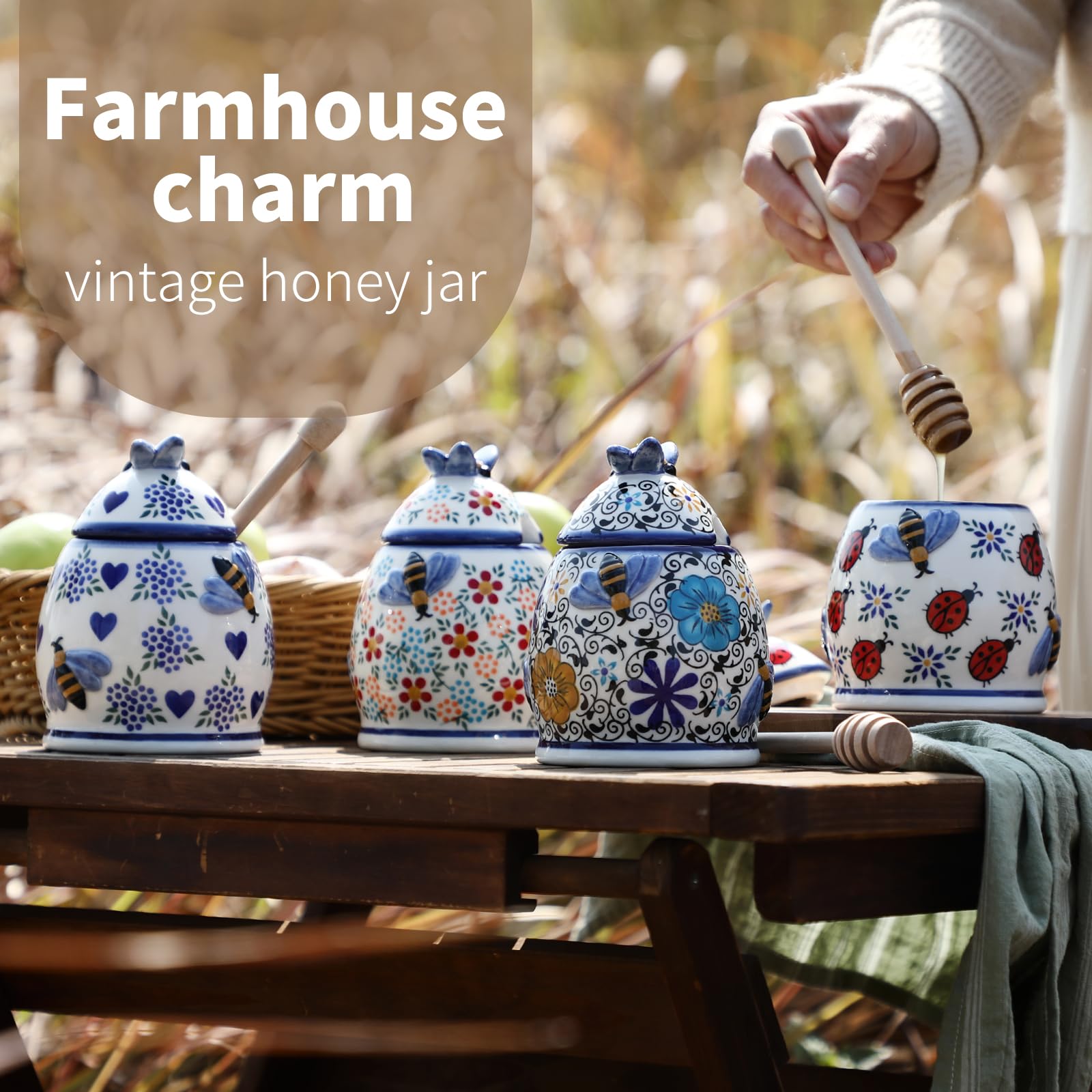 ZOOBEE handpainted honey pot with embossed bee detail adds farmhouse charm