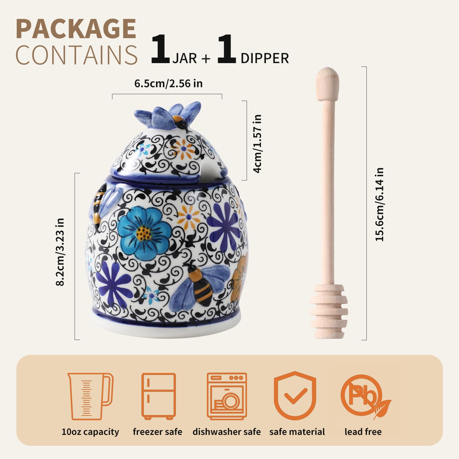 ZOOBEE honey jar lid and dipper highlight microwave and dishwasher safe design
