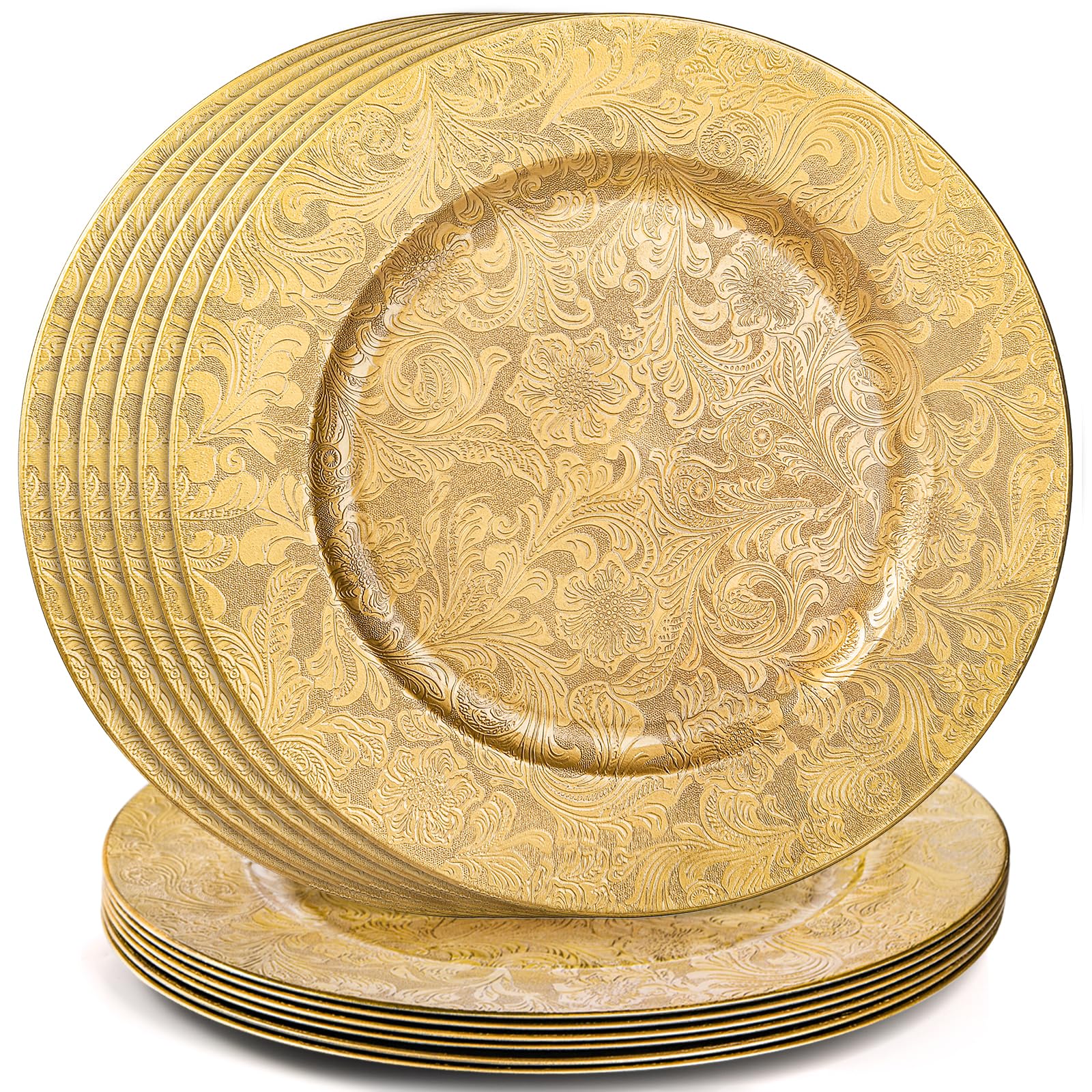 ZOOFOX gold charger plate 13-inch with floral pattern elevates wedding table decor.