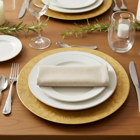 ZOOFOX antique-style charger plates create a high-end look on dinner tables.