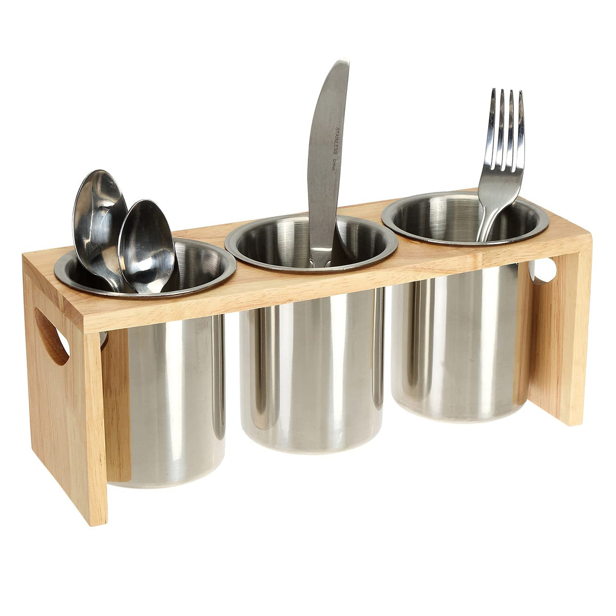 ZOOFOX silverware holder with wood base on a kitchen counter for organized storage.