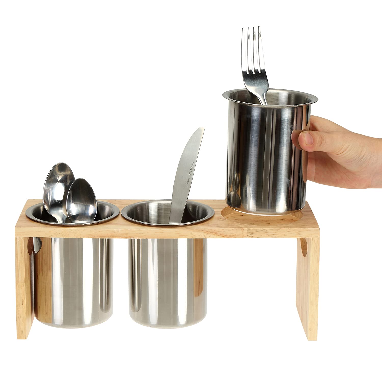 ZOOFOX silverware organizer shown in cabinet for space-saving storage.