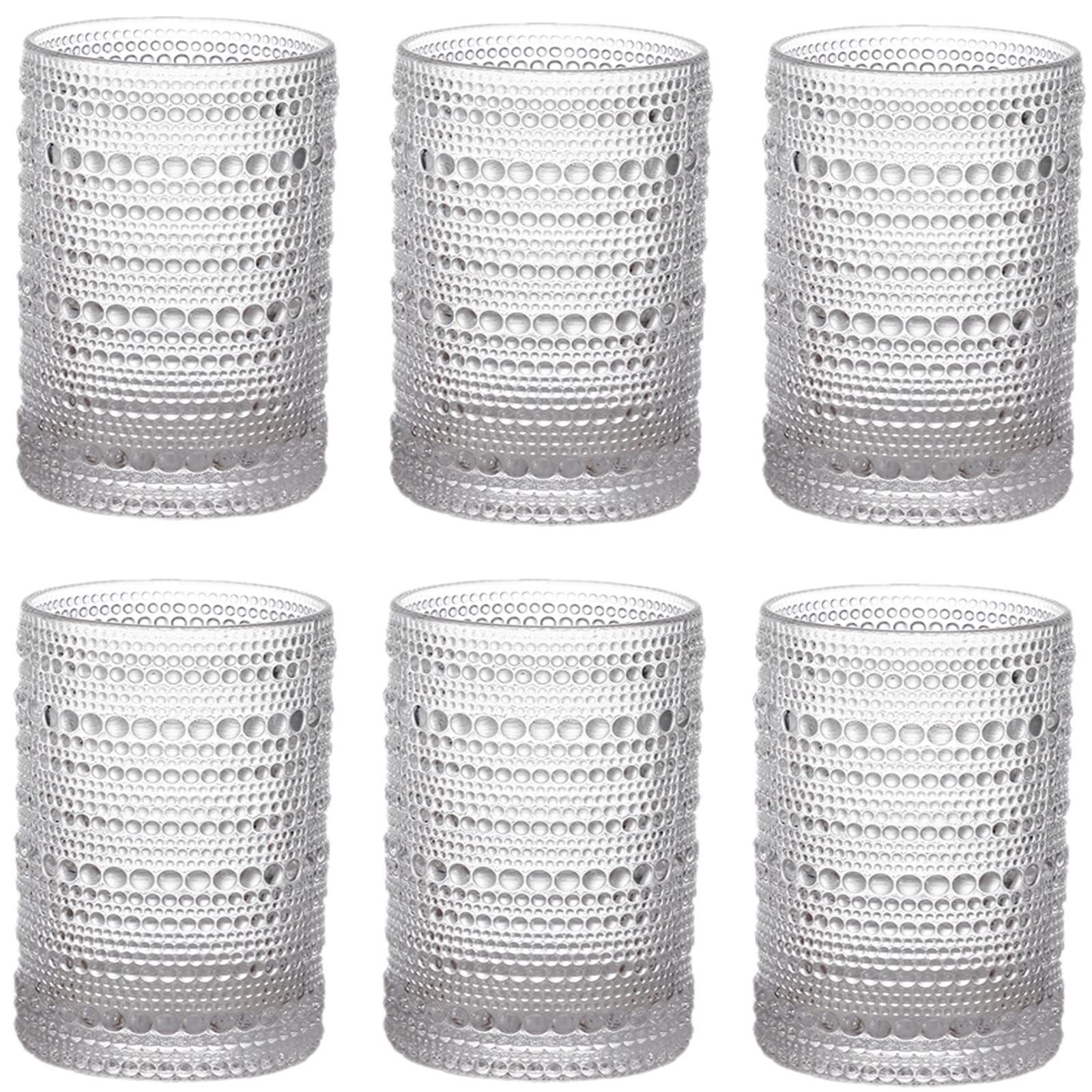 ZOOFOX vintage drinking glasses with 13oz capacity and clear hobnail embossing for everyday beverages.