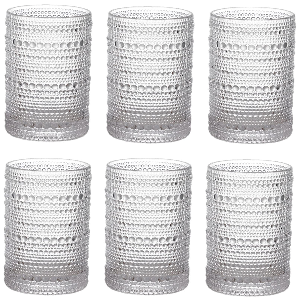 ZOOFOX vintage drinking glasses with 13oz capacity and clear hobnail embossing for everyday beverages.