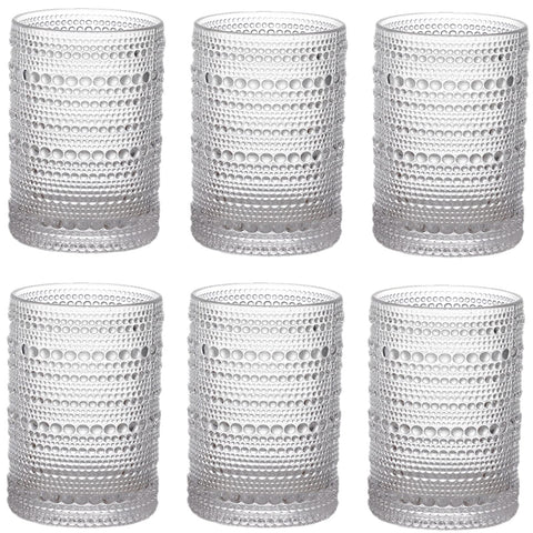 ZOOFOX vintage drinking glasses with 13oz capacity and clear hobnail embossing for everyday beverages.