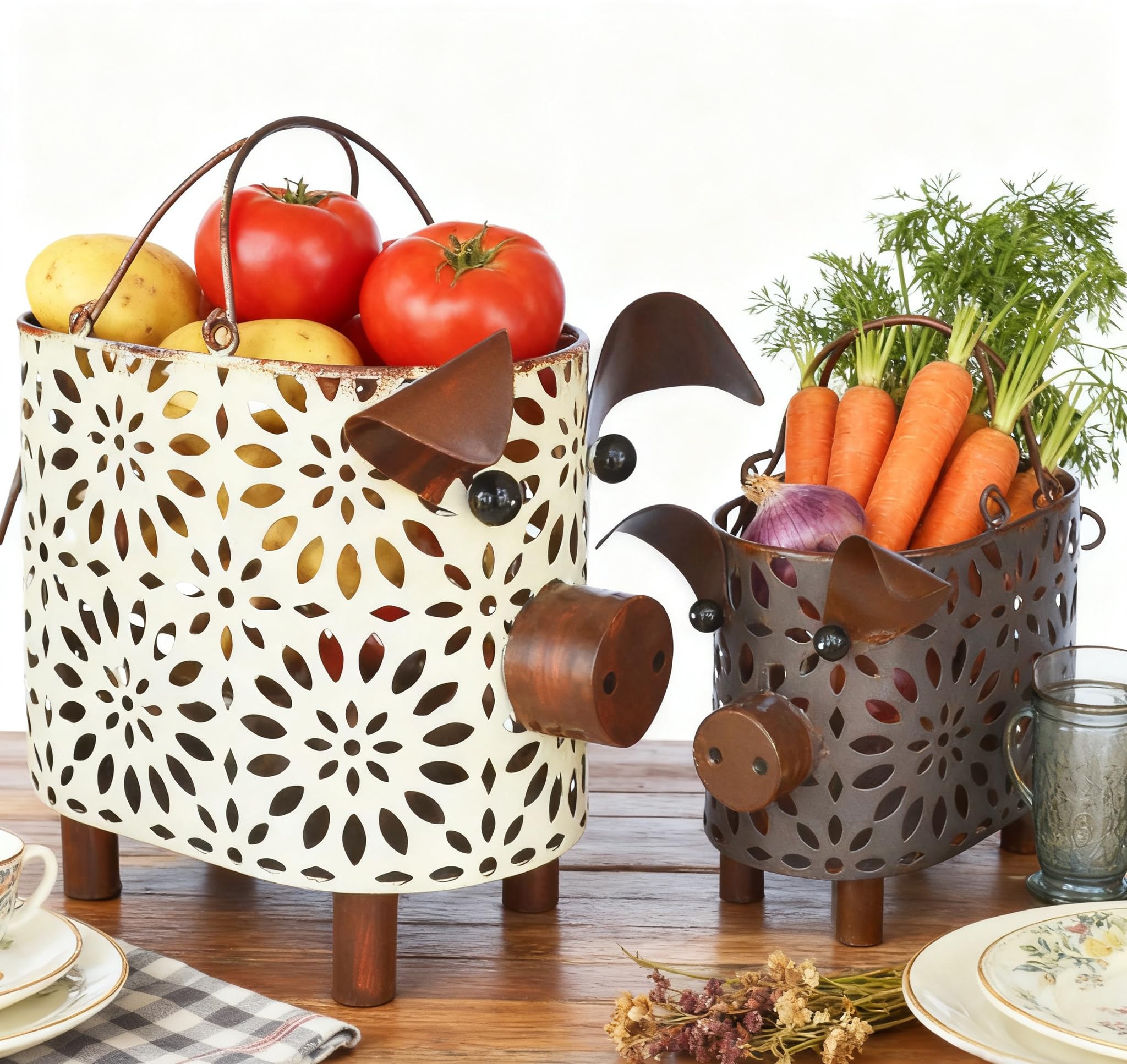 Zoreal pig-design small metal basket with handle ideal for bathroom storage.