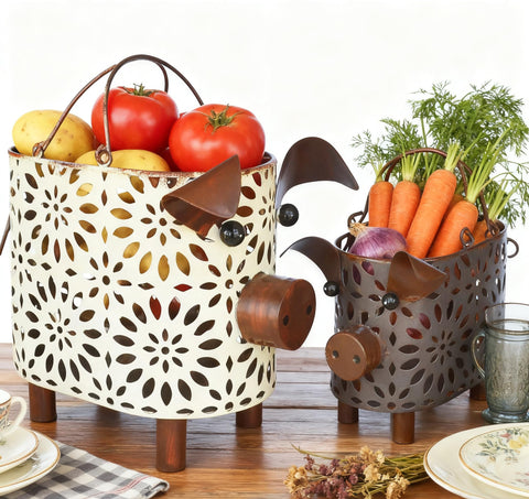 Zoreal pig-design small metal basket with handle ideal for bathroom storage.