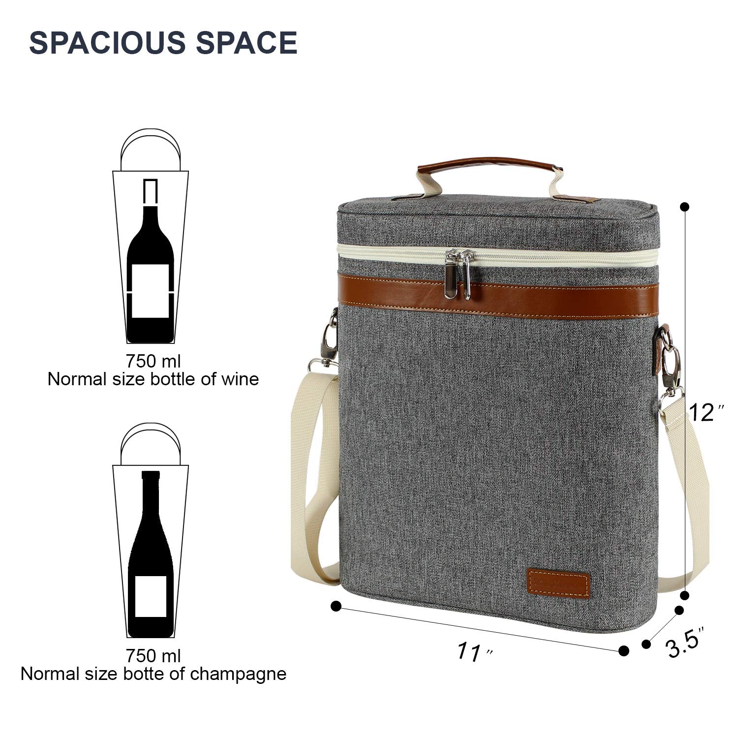 ZORMY wine tote with adjustable shoulder strap for hands-free transport.